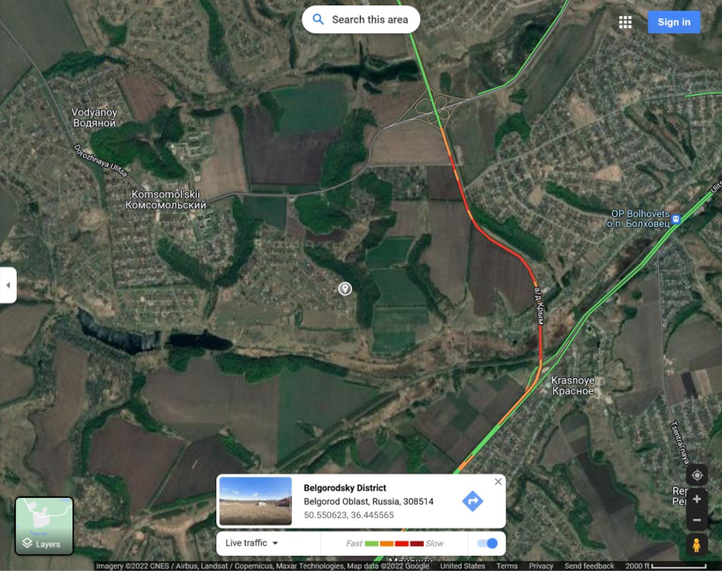 Google Maps satellite view showing a red traffic jam on the road from Belgorod, Russia toward the Ukrainian border at 3:15am on 24 February 2022, hours before Russia's invasion began.